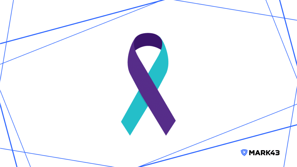 A purple and turquoise ribbon on a white background. The ribbon is framed by blue lines, and there is a small Mark43 logo (blue outline of a triangular shield next to the words Mark43 in black) in the bottom right corner.