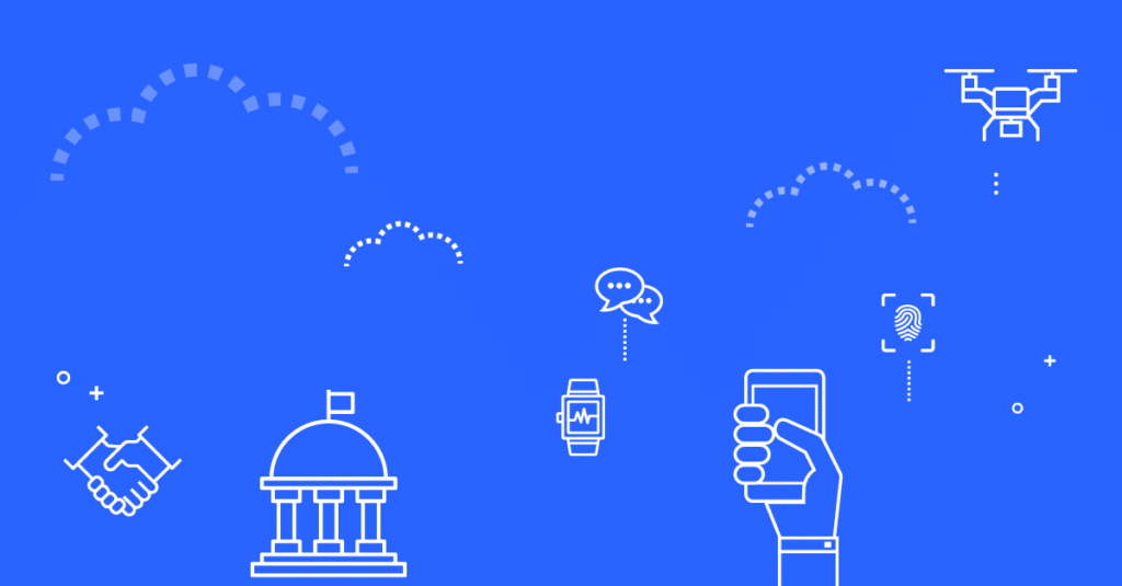 white line drawings on a blue background. Each of the line drawings represent a public safety trend discussed in the blog post. There is a hand holding a mobile phone, the top of a cloud, two hands shaking, smart watch, two conversation bubbles overlapping, a drone, a finger print, and a government building.