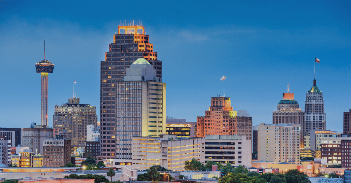 The San Antonio skyline at sunset.