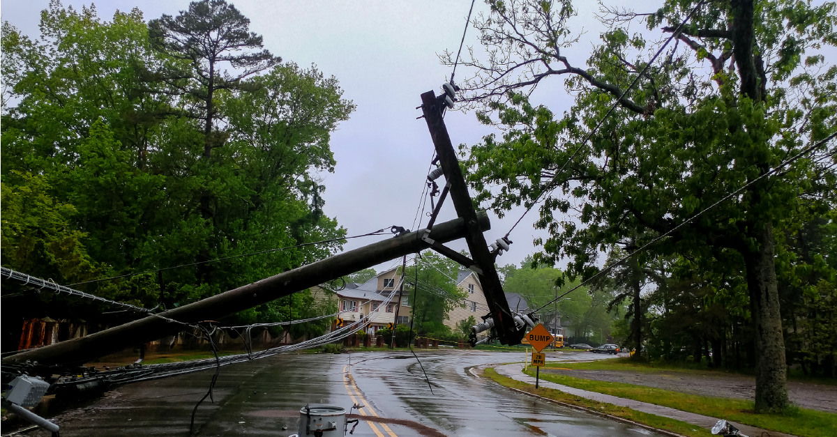 Wooden pole down and hanging from wires on wet roadway