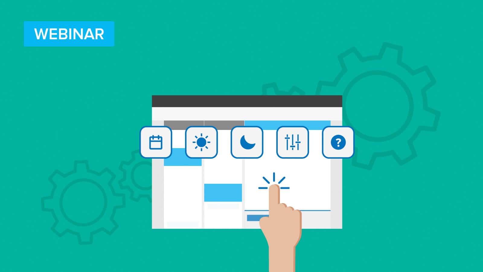 An illustration of a hand interacting with a web interface on a teal background, with "WEBINAR" in the top left corner and various setting icons.