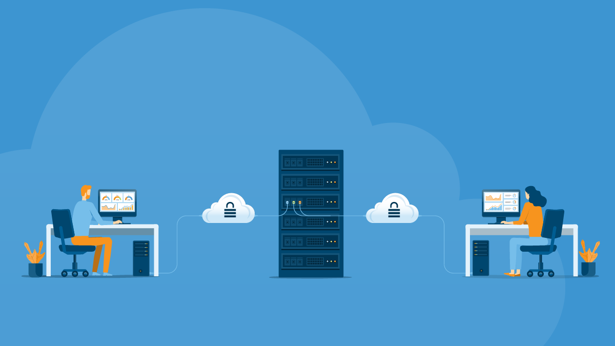 An cybersecurity illustration. On the left, a man sits at his desk while working on a monitor and desktop computer. He is connected by a cord to a server. The cord has a cloud with a lock on it. On the right, a woman sits at her desk while working on a monitor and desktop computer. She is also connected by a cord to a server. The cord has a cloud with a lock on it.