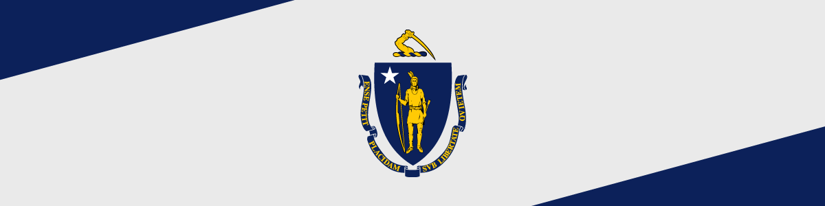 Flag of Massachusetts with the state emblem featuring a Native American, a star, and a blue shield