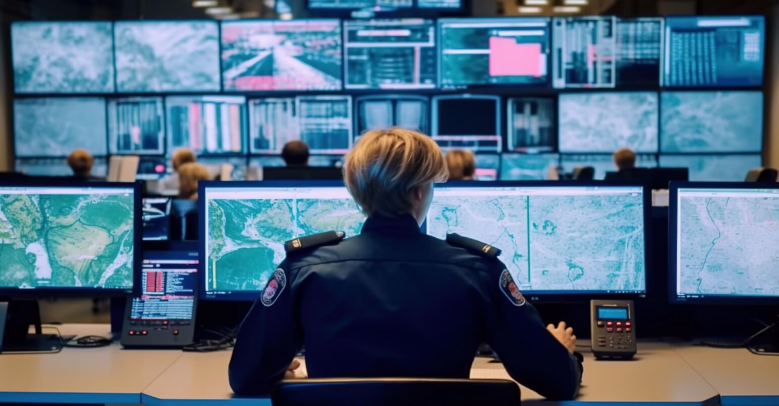 A police officer monitoring multiple screens displaying maps and data in a command center.