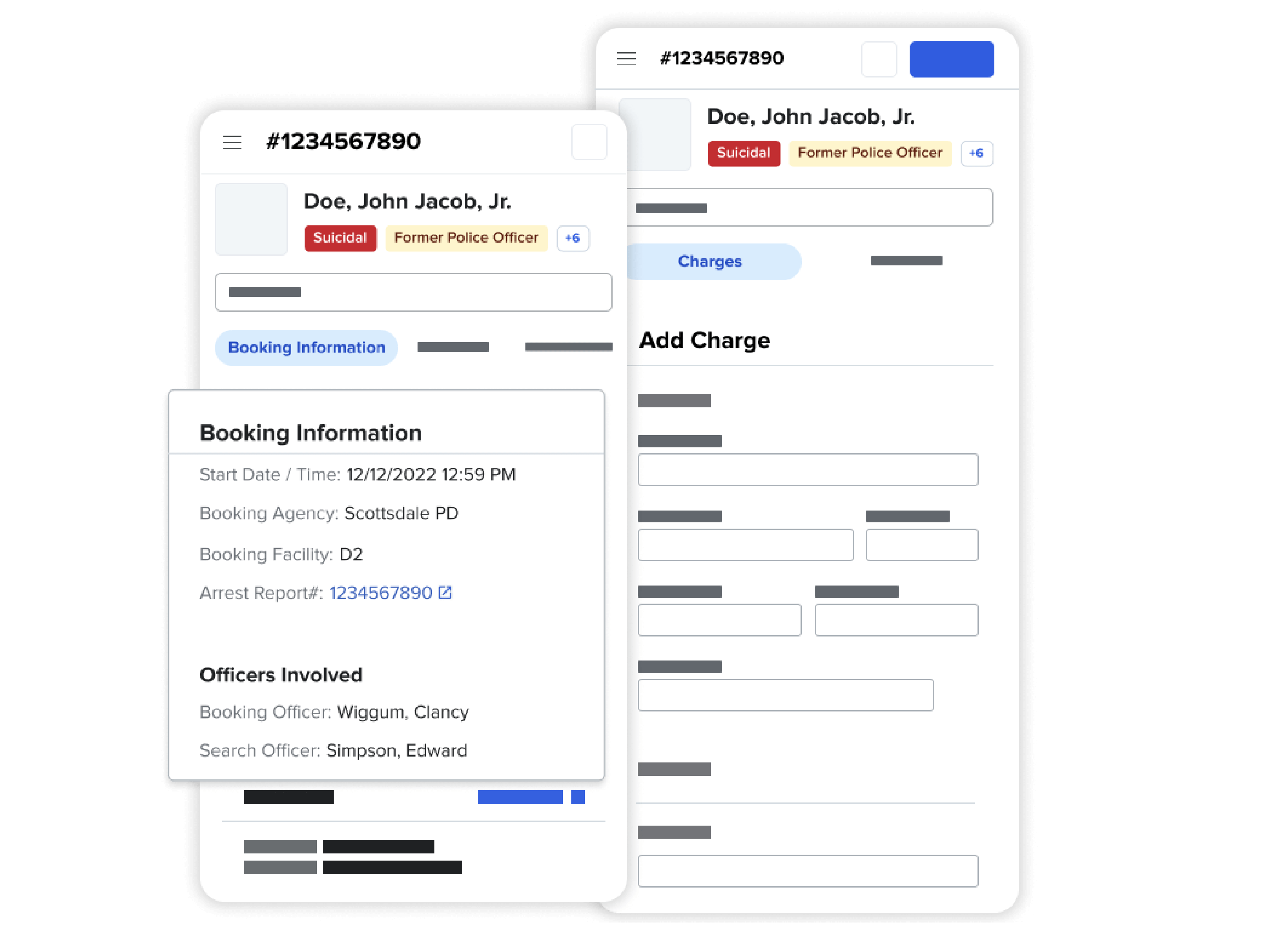 Digital booking information and charges interface for a detainee, displaying detailed arrest data