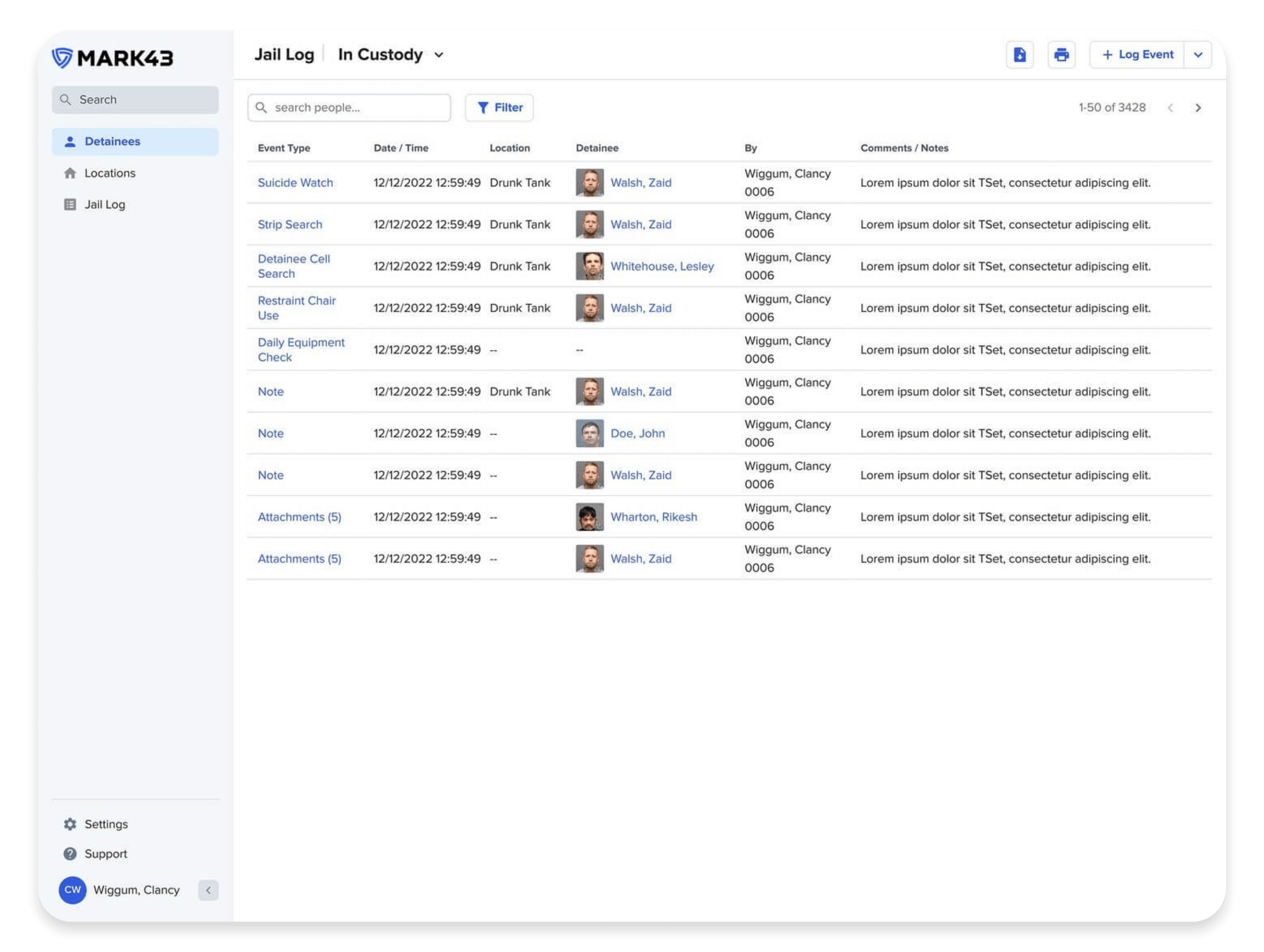 Jail log interface showing detailed event logs for detainees, including timestamps, locations, and notes