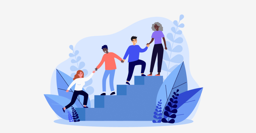 Illustration of diverse people helping each other climb steps, symbolizing teamwork and support.