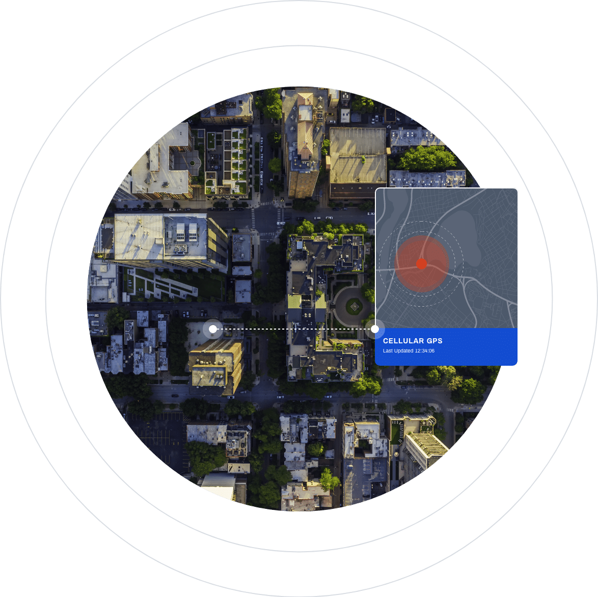 Aerial view of a city with a cellular GPS location.