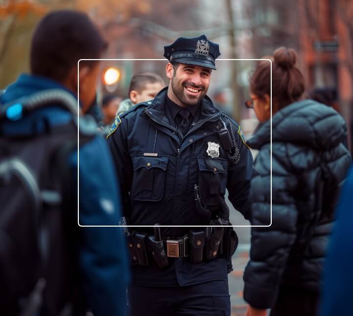 On-duty police officer greeting a crowd of young people in public city street