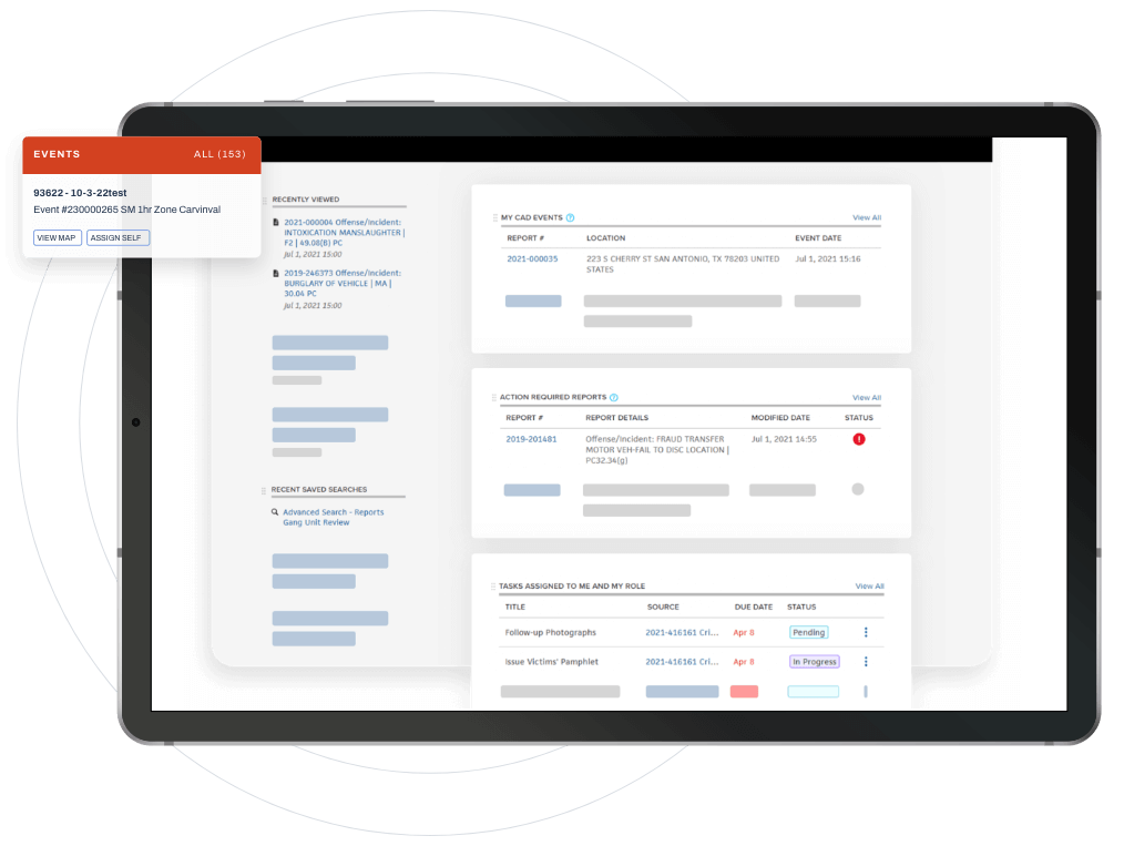 A police management software interface, showing events, reports, tasks, and recent activities.