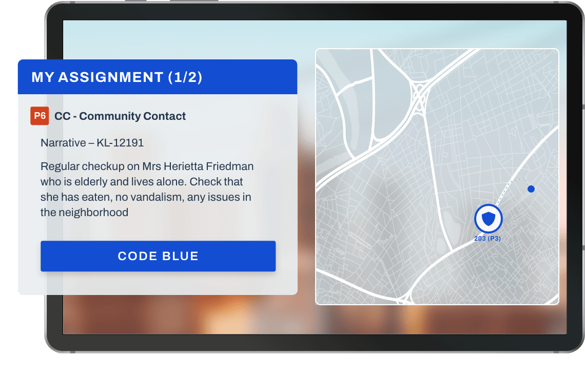 Digital assignment interface showing a community contact task and a map with location marker