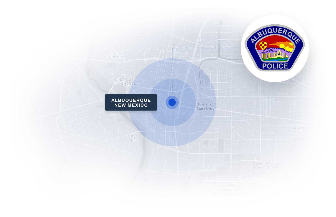 Map showing Albuquerque, New Mexico with police department logo