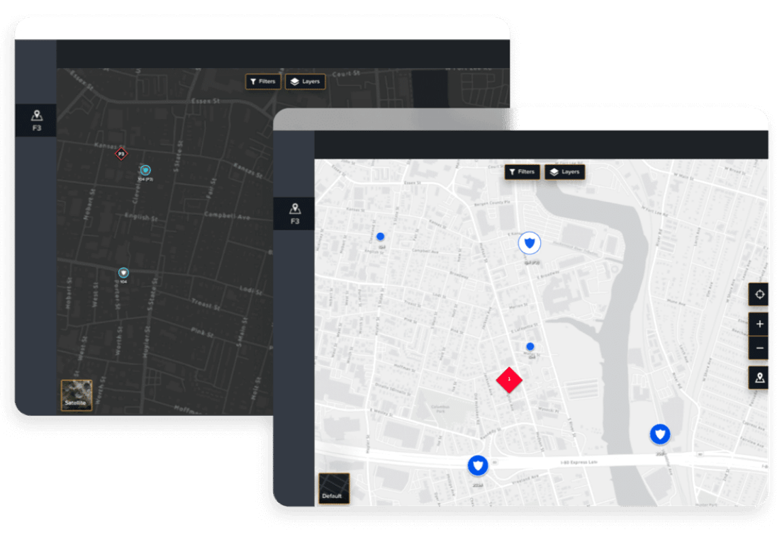 Side-by-side comparison of dark and light mode digital maps with location markers and navigation tools