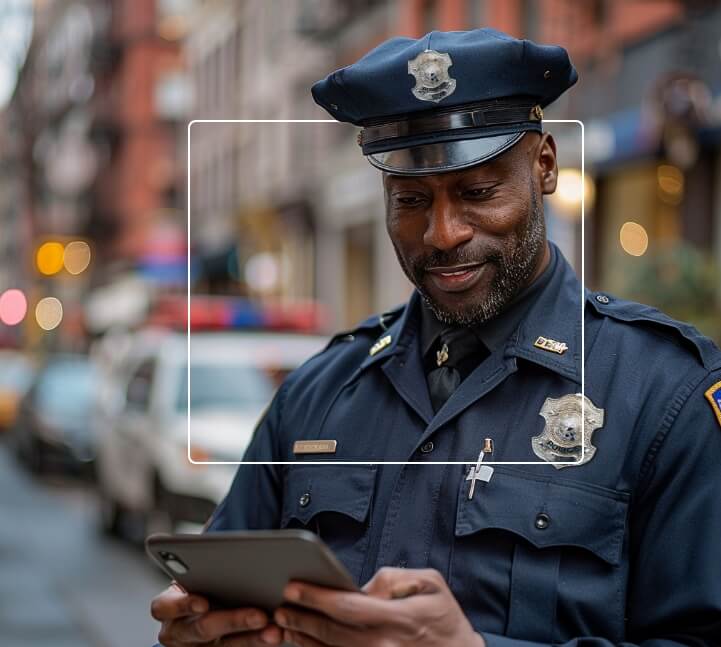 On-duty police office standing in street, pleased with his tablet's performance