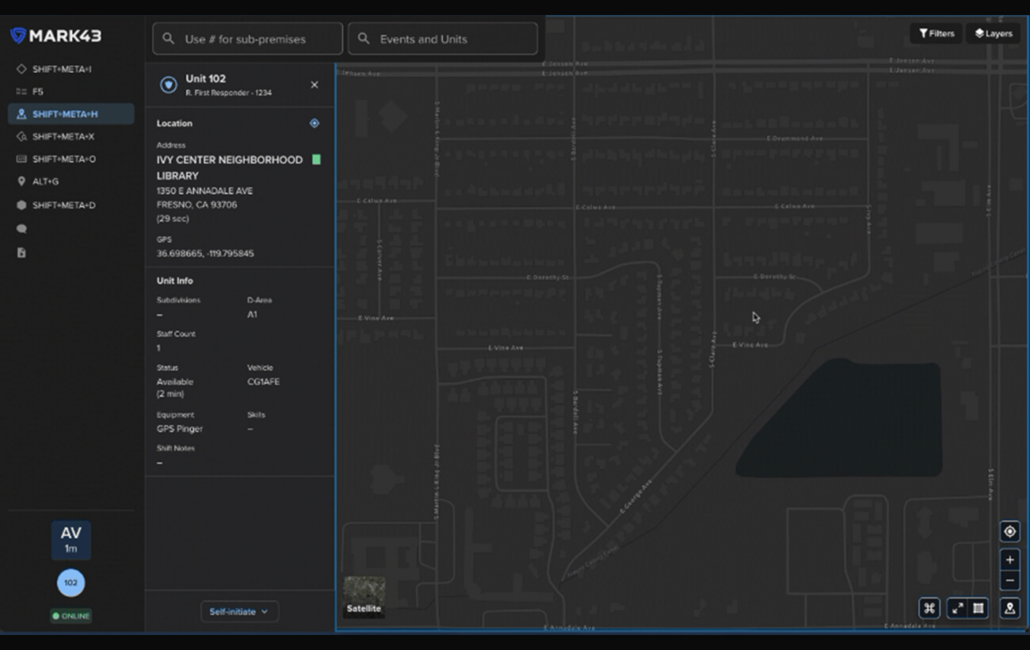 First responder Navigate Map Focus on Unit screen