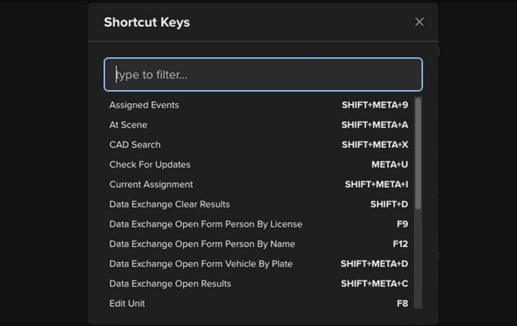 First responder Shortcut Keys Menu screen