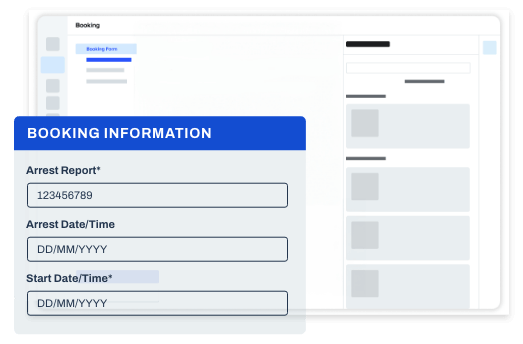 A booking form interface displaying fields for arrest report number, arrest date/time, and start date/time.