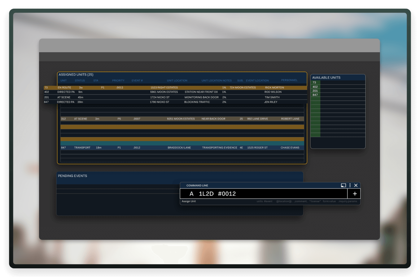 Dispatch software dashboard displaying command line information