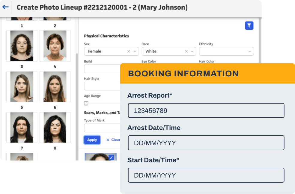 A booking interface showing a photo lineup for alongside fields for entering arrest report details and physical characteristics.