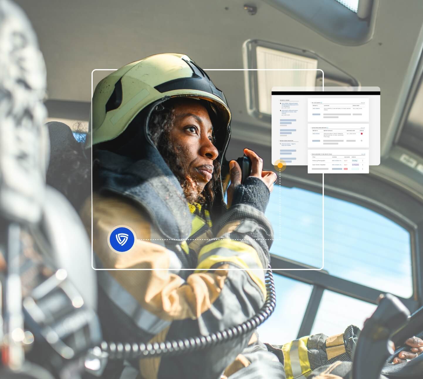 Firefighter using a radio with data analytics overlay.