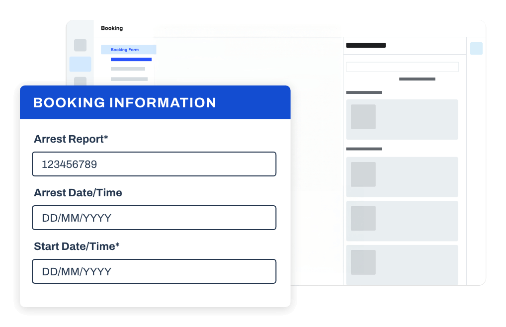 Booking information form with fields for arrest report, date, and start time.