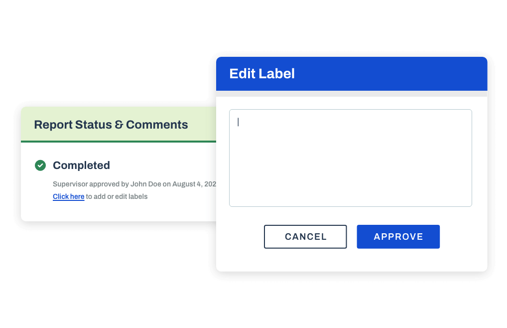 Edit label interface with report status and comments section.