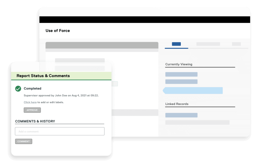 Use of force report interface with linked records and status updates.