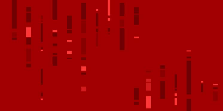 An abstract image featuring various vertical red lines and rectangles on a solid red background.