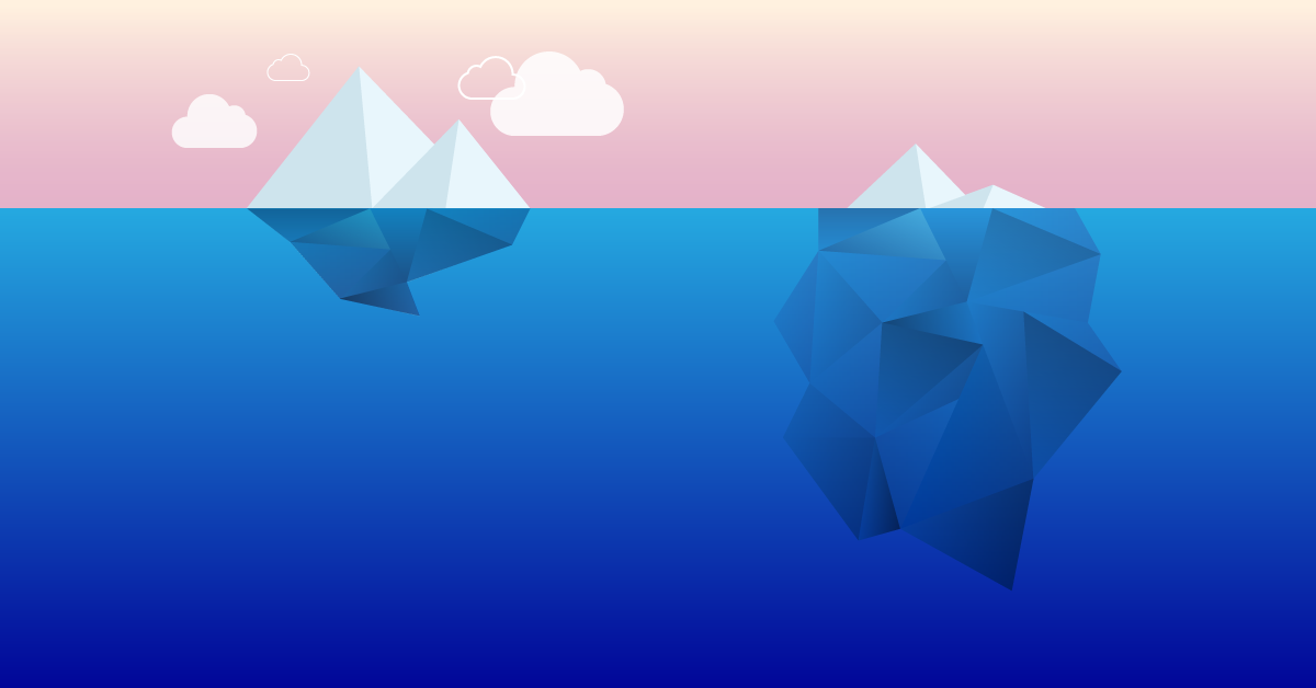 Illustration of two icebergs, with a small portion above water and a larger portion submerged underwater.