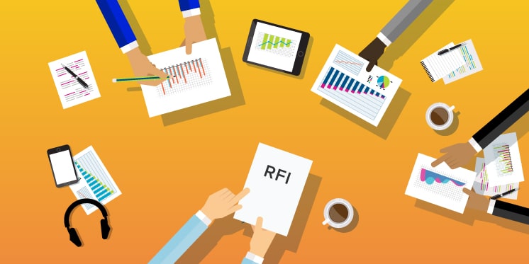 An illustration of diverse hands working on documents and devices around a table, highlighting charts, graphs, and an RFI form, on a yellow-orange background.